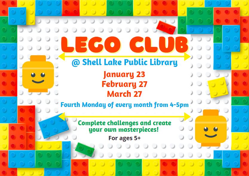 Lego Club on January 23, February 27 and March 27 at 4pm.