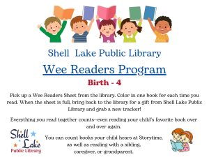 Cartoon children reading books with the description of how the program works for children from birth to 4. Graphic also includes the library's logo and the same text as above.
